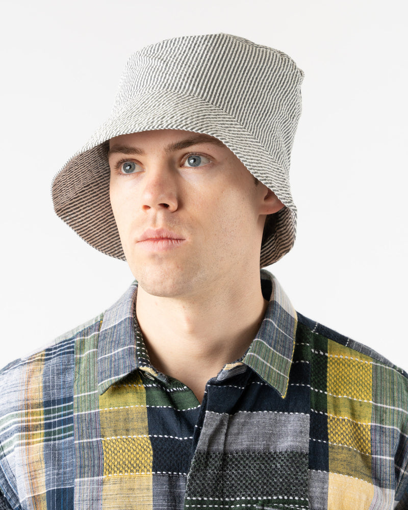 Engineered Garments Bucket Hat in Navy Cotton Seersucker Stripe