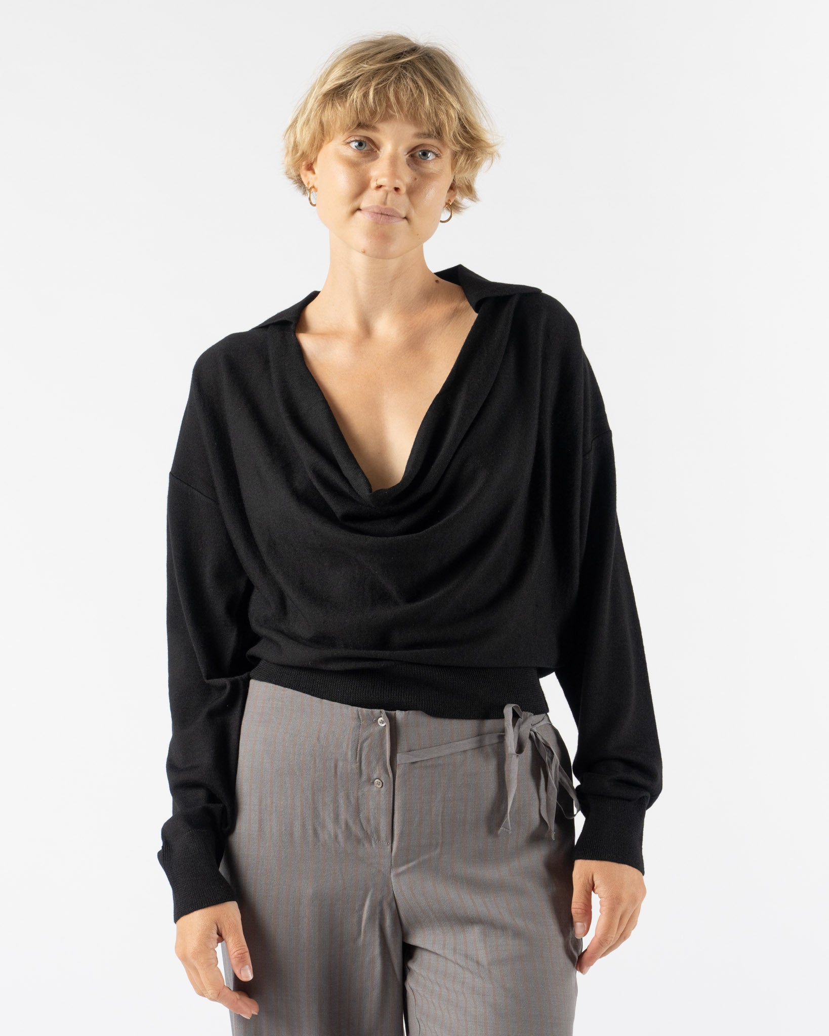 Emily Dawn Long Drape Front Knit Polo in Black