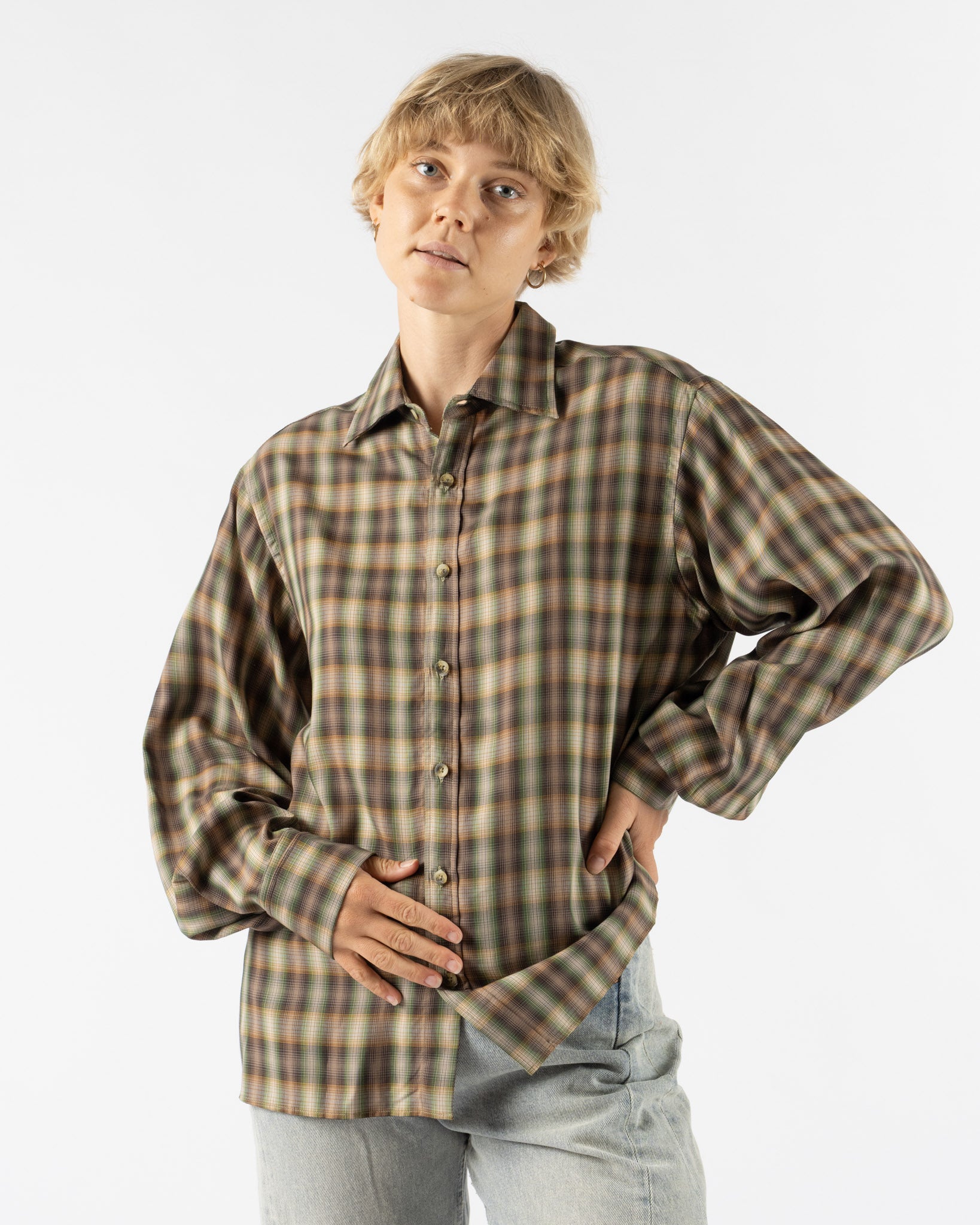 Emily Dawn Long Jeff's Shirt 005 in Green Plaid