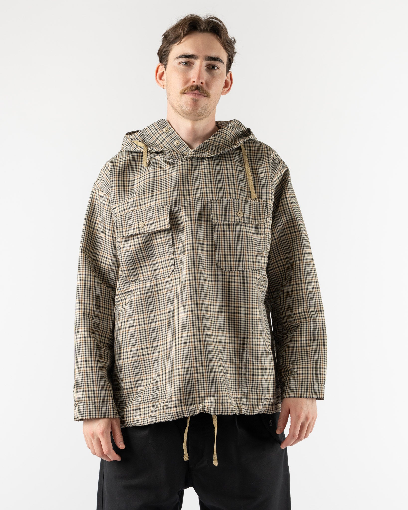 Engineered Garments Cagoule Shirt in Khaki Plaid Polyester Cloth