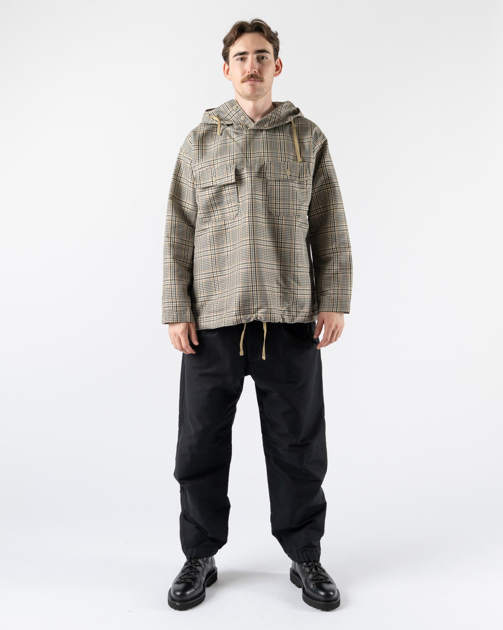 Engineered Garments Cagoule Shirt in Khaki Plaid Polyester Cloth