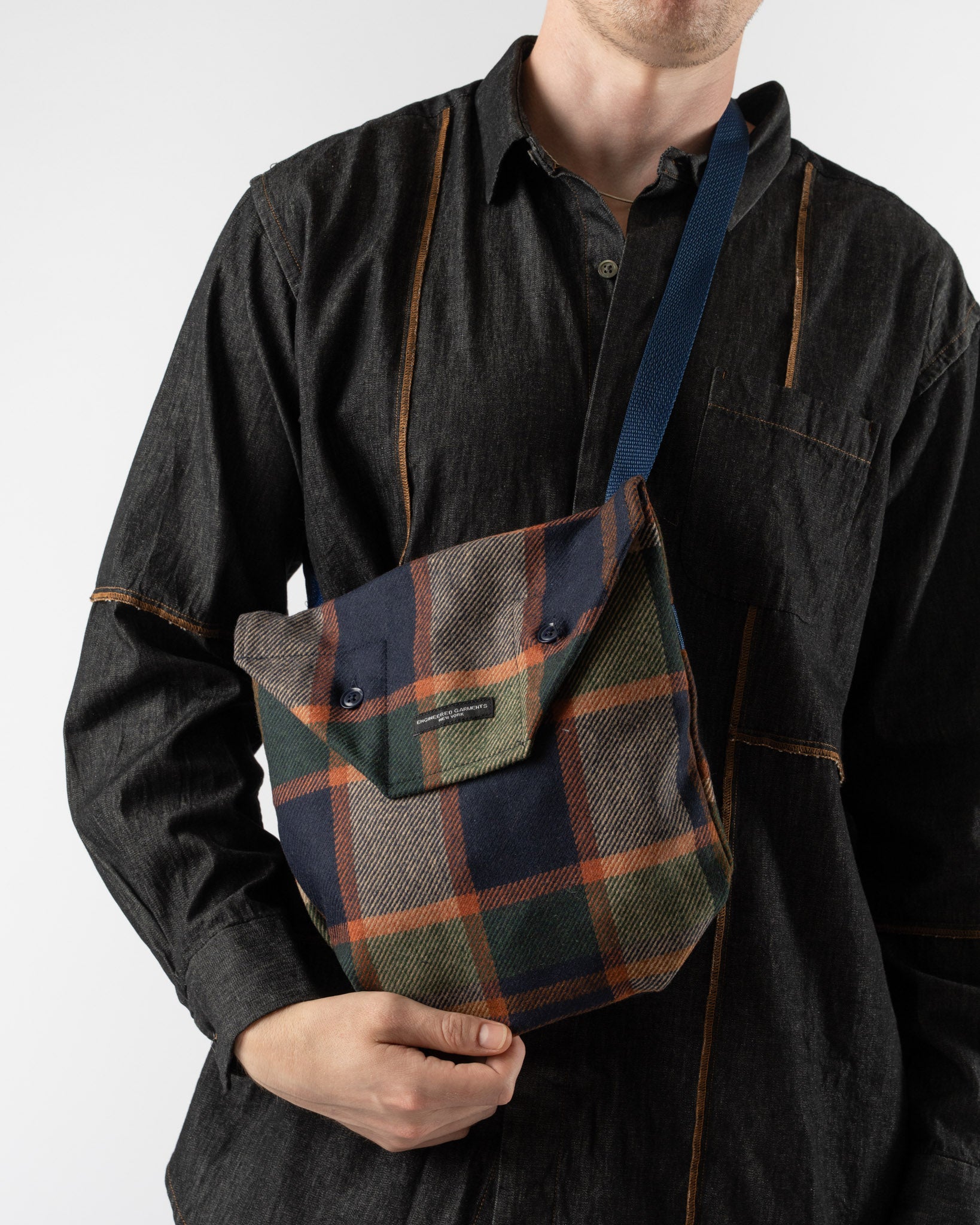 Engineered Garments Shoulder Pouch in Navy/Brown Heavy Wool Plaid