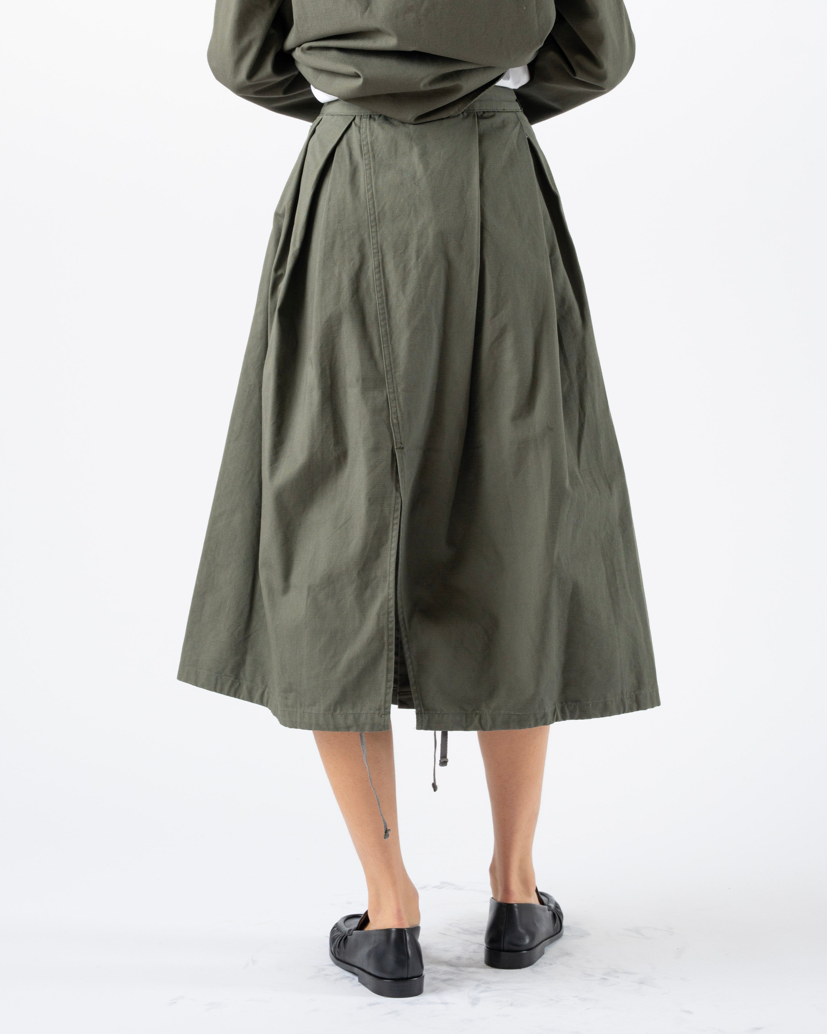 Engineered-Garments-Tuck-Skirt-in-Olive-Heavyweight-Cotton-Curated-at-Jake-and-Jones-Santa-Barbara-Boutique