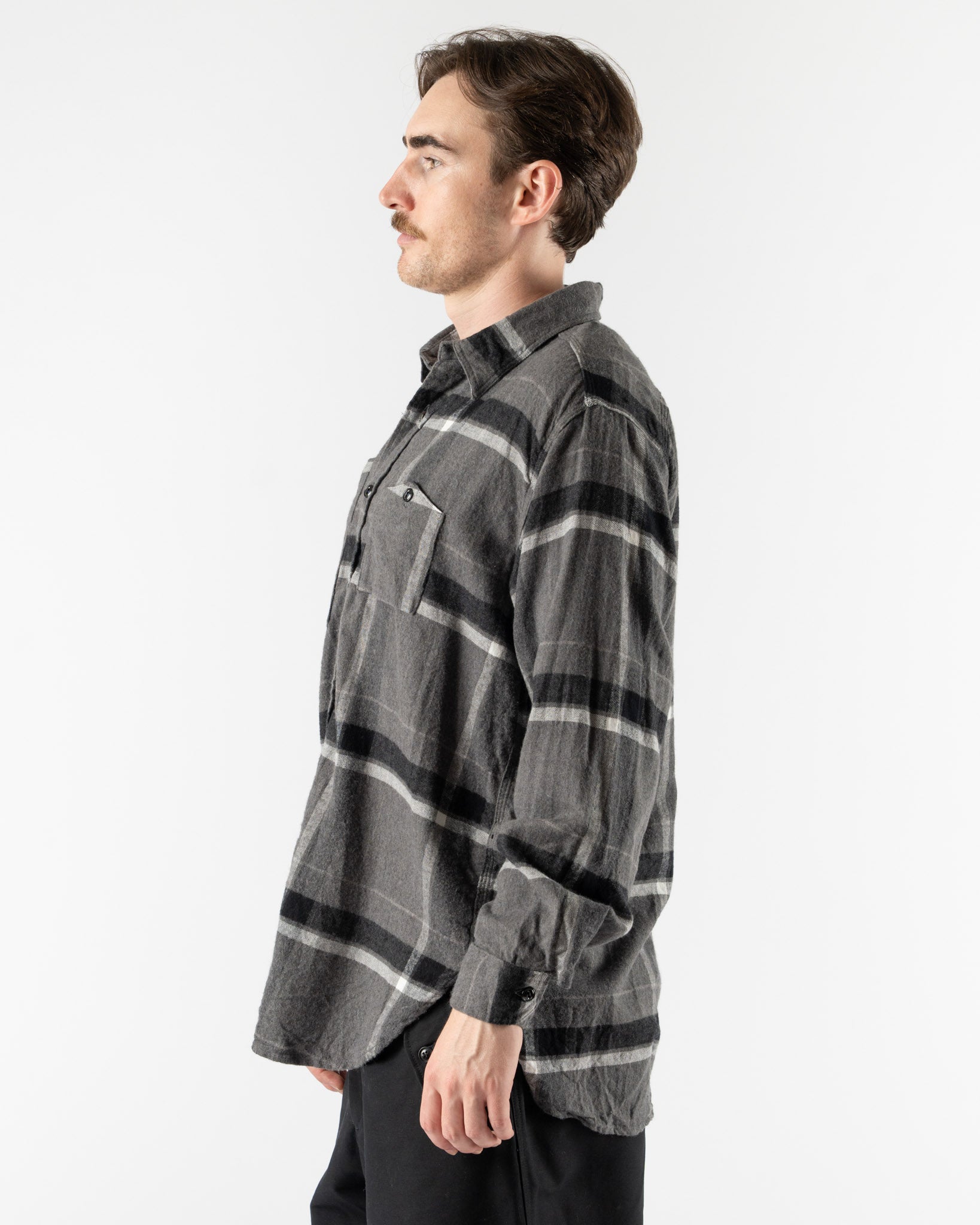 Engineered Garments Work Shirt in Grey/Black Cotton Brushed Big Plaid