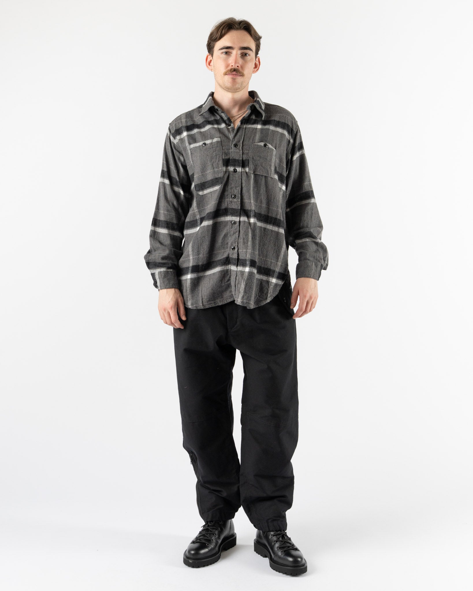 Engineered Garments Work Shirt in Grey/Black Cotton Brushed Big Plaid