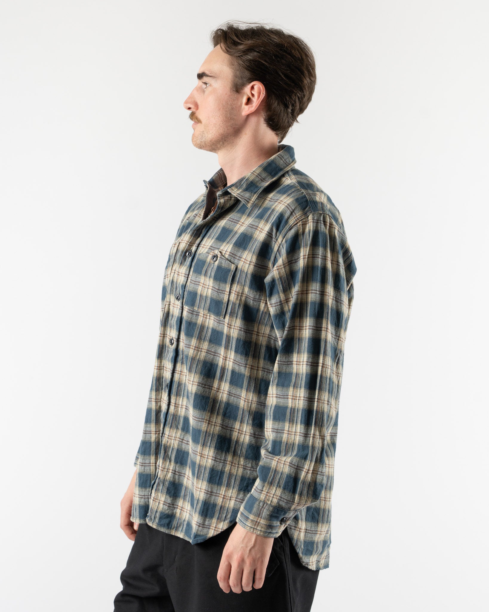 Engineered Garments Work Shirt in Navy Cotton Plaid Jacquard