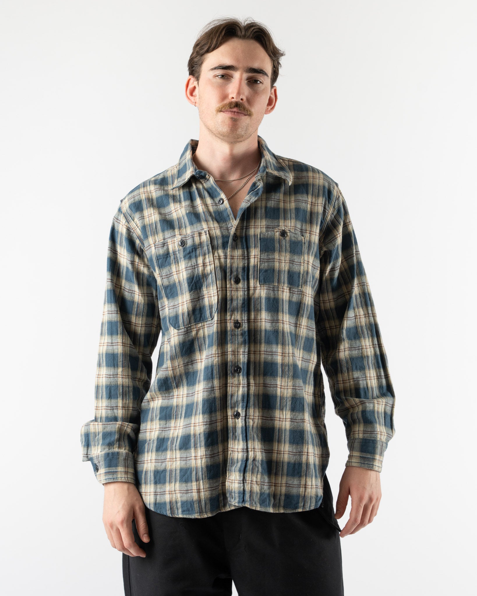 Engineered Garments Work Shirt in Navy Cotton Plaid Jacquard
