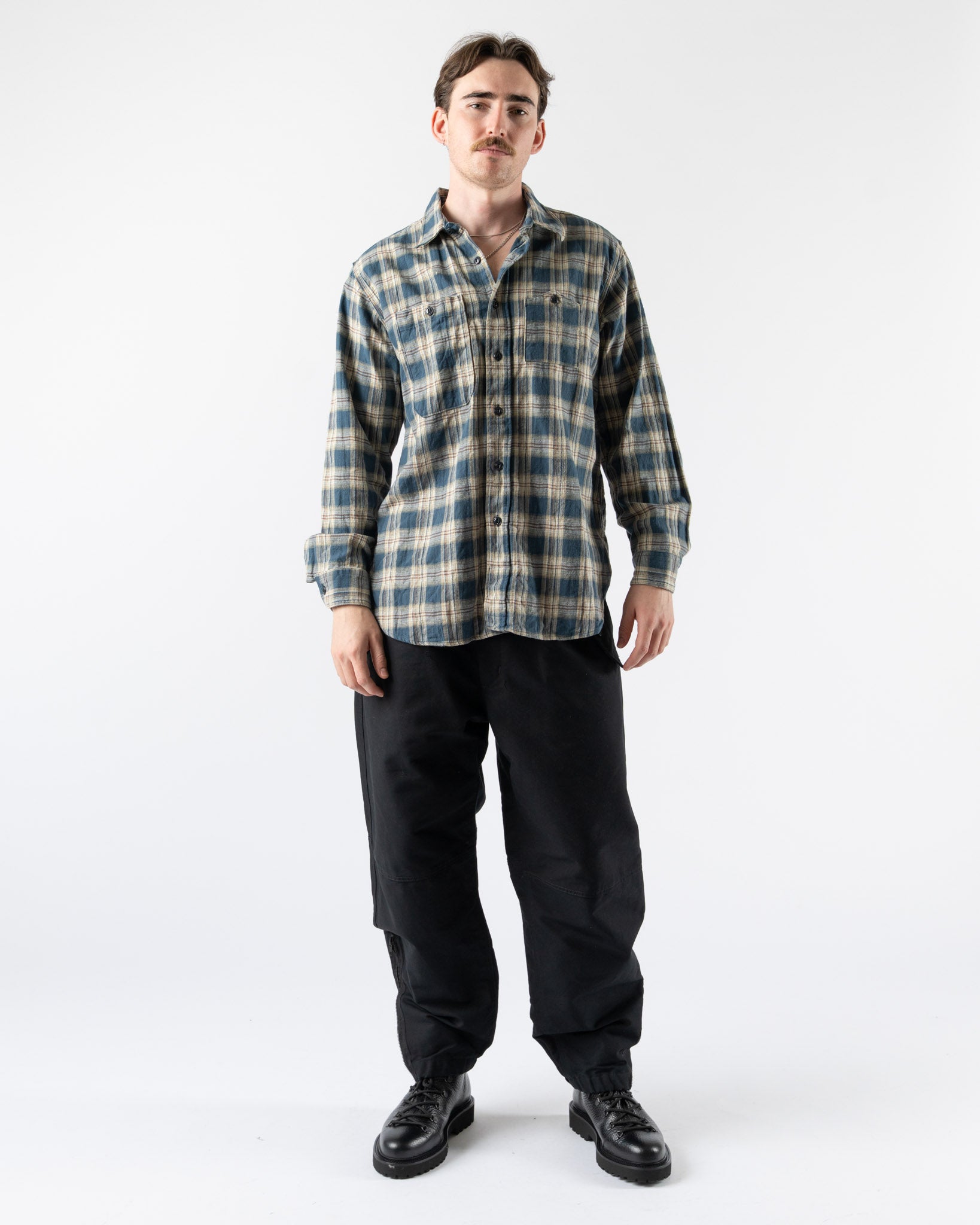 Engineered Garments Work Shirt in Navy Cotton Plaid Jacquard