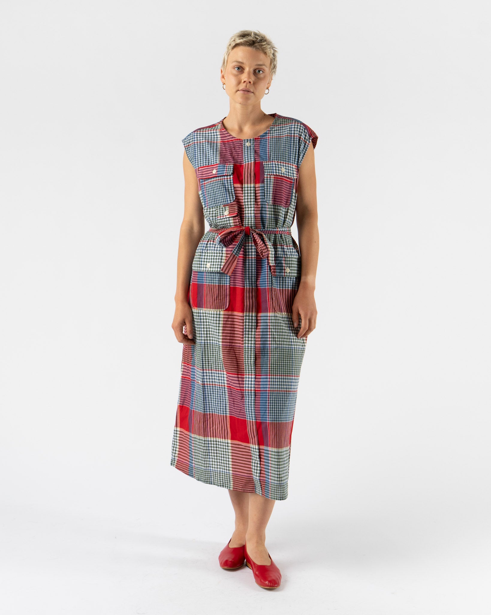Engineered Garments Bush Dress in Red/Green Cotton Big Madras Plaid