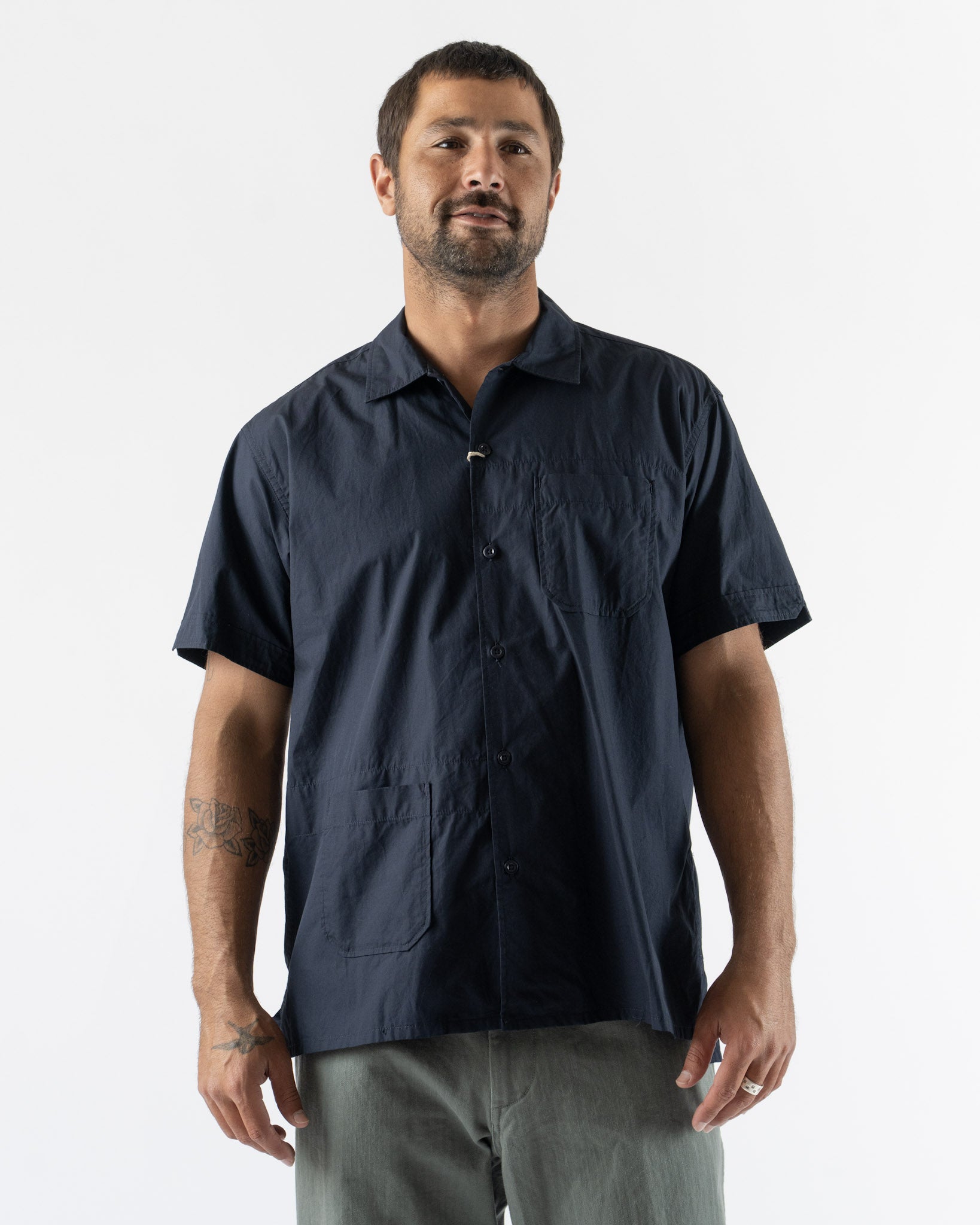 Engineered Garments Camp Shirt in Navy Cotton Broadcloth