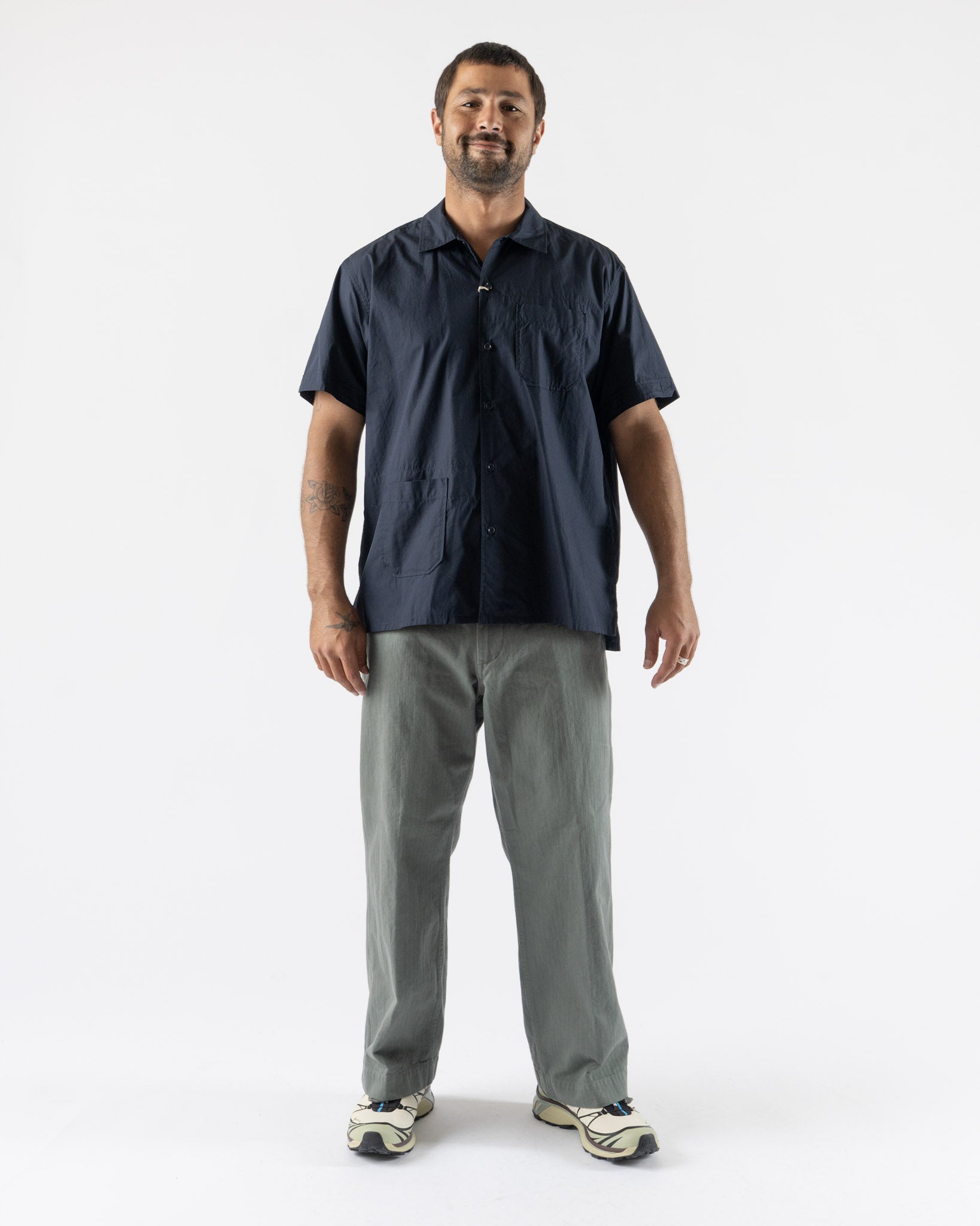 Engineered Garments Camp Shirt in Navy Cotton Broadcloth