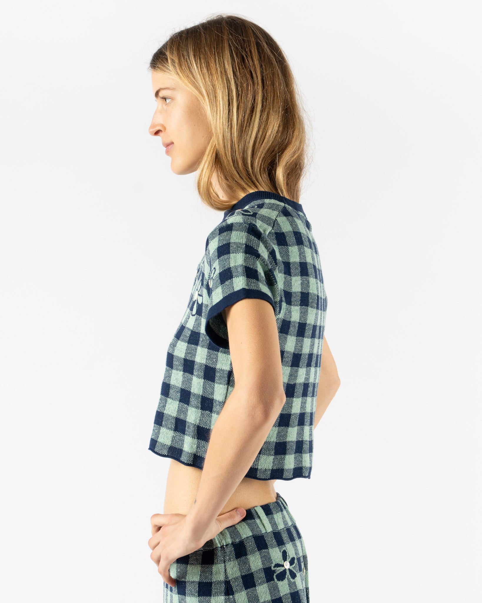 YanYan Gingham Flower SS Tee in Mint/Midnight