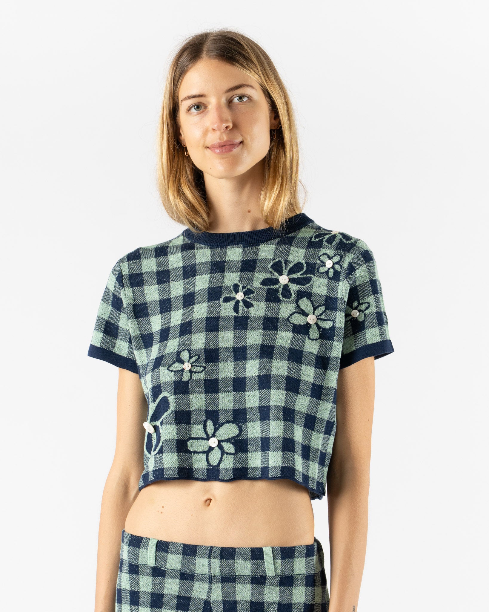 YanYan Gingham Flower SS Tee in Mint/Midnight