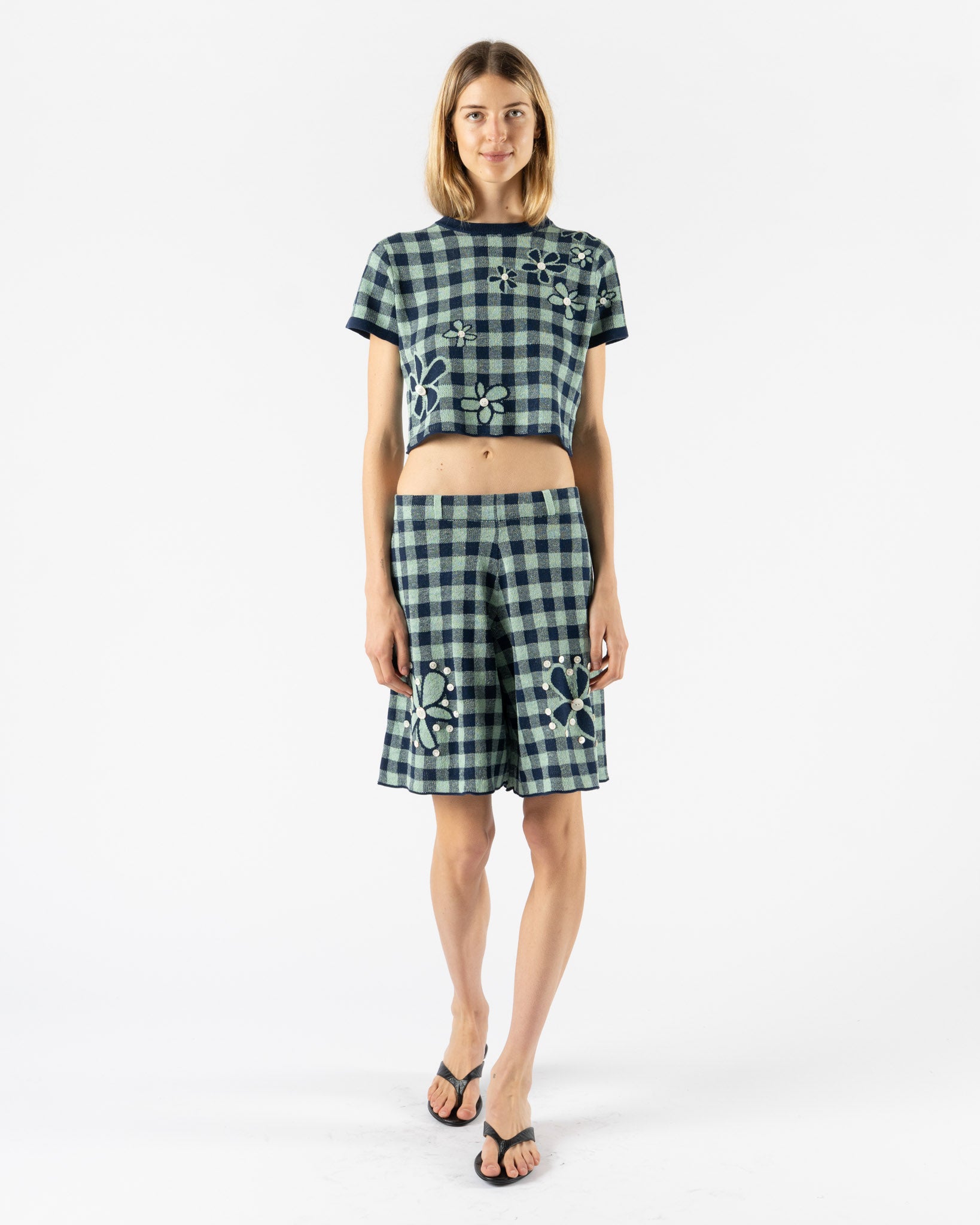 YanYan Gingham Flower SS Tee in Mint/Midnight