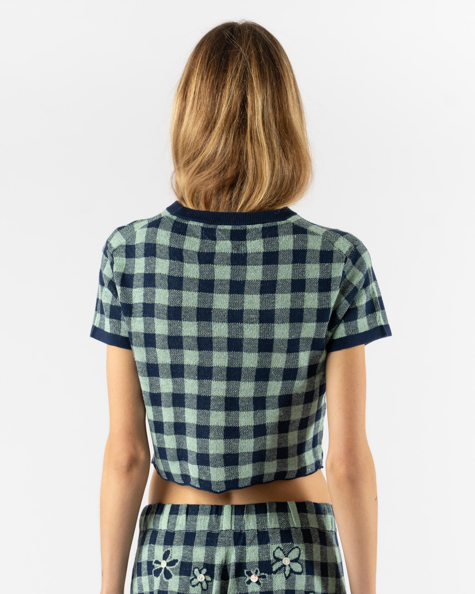 YanYan Gingham Flower SS Tee in Mint/Midnight