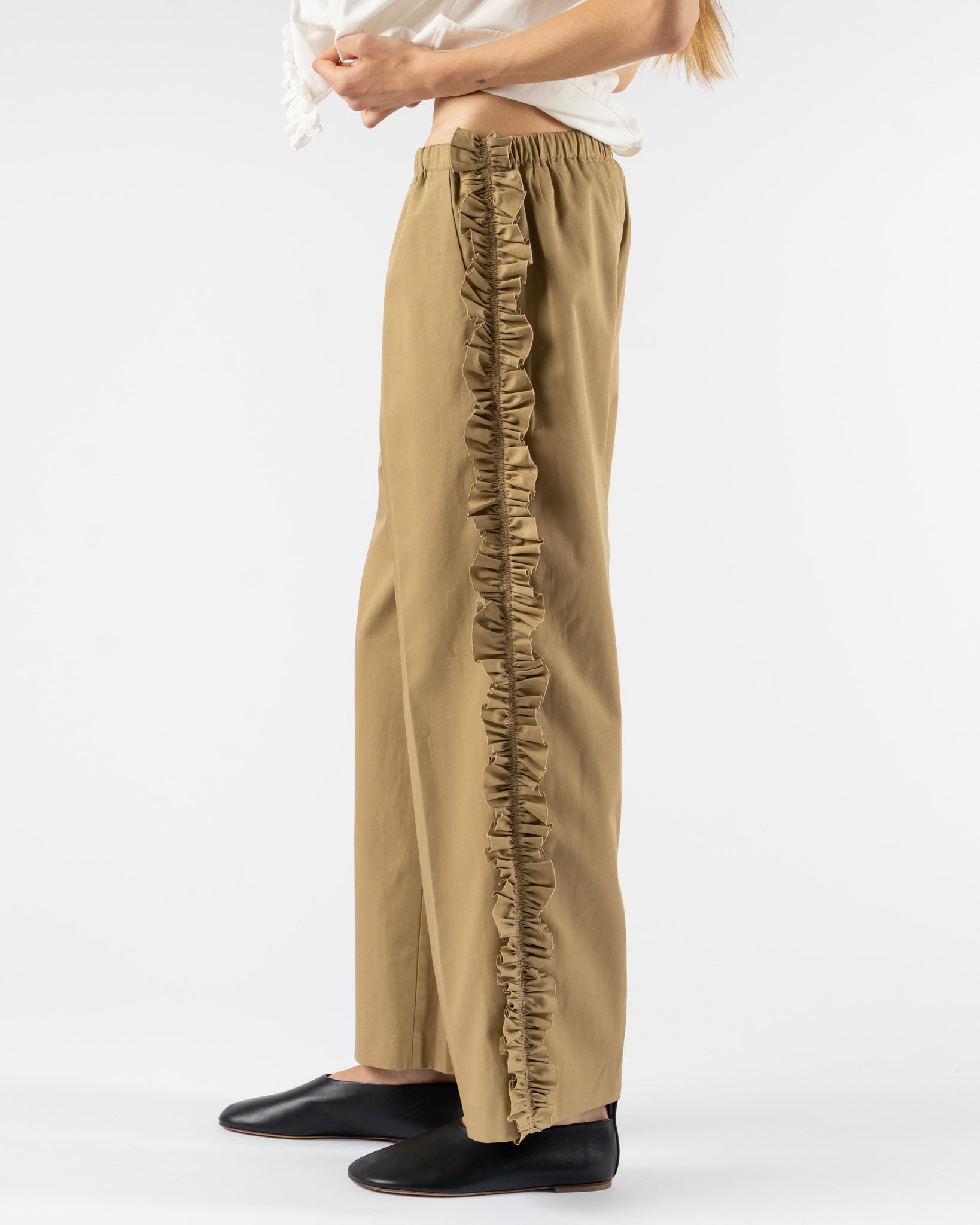 Rhodolirion Frill Side Flare Pant in Twill Beige