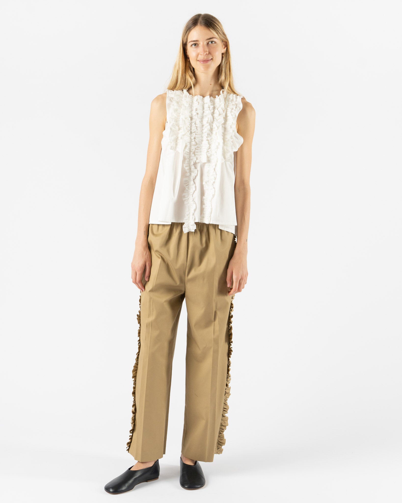 Rhodolirion Frill Side Flare Pant in Twill Beige Curated at Jake