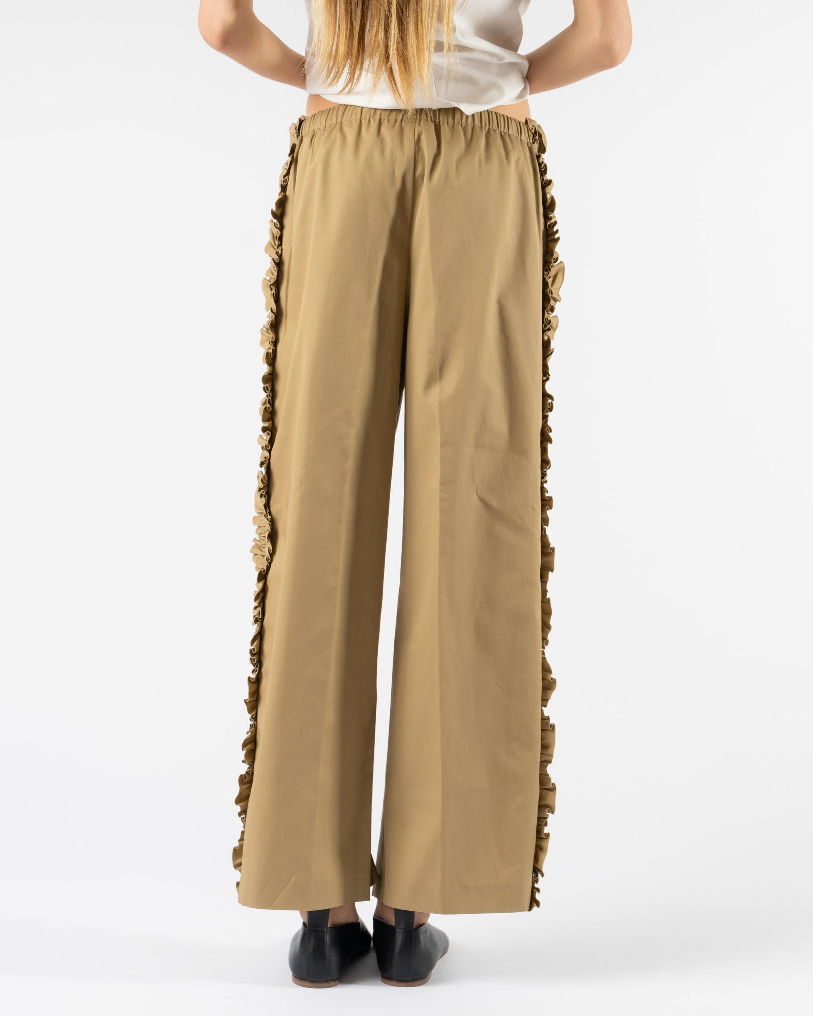 Rhodolirion Frill Side Flare Pant in Twill Beige