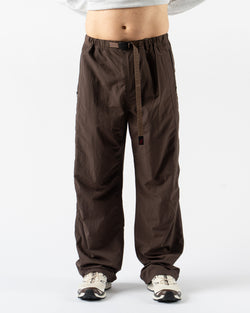 Gramicci Nylon Runners in Deep Brown displayed flat with integrated belt and zippered pockets