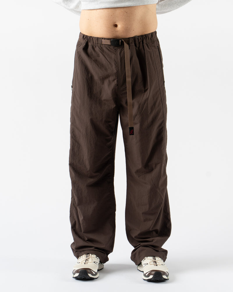 Gramicci Nylon Runners in Deep Brown displayed flat with integrated belt and zippered pockets