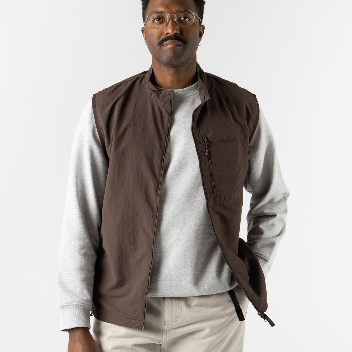 Gramicci Nylon Vest in Deep Brown Curated at Jake and Jones