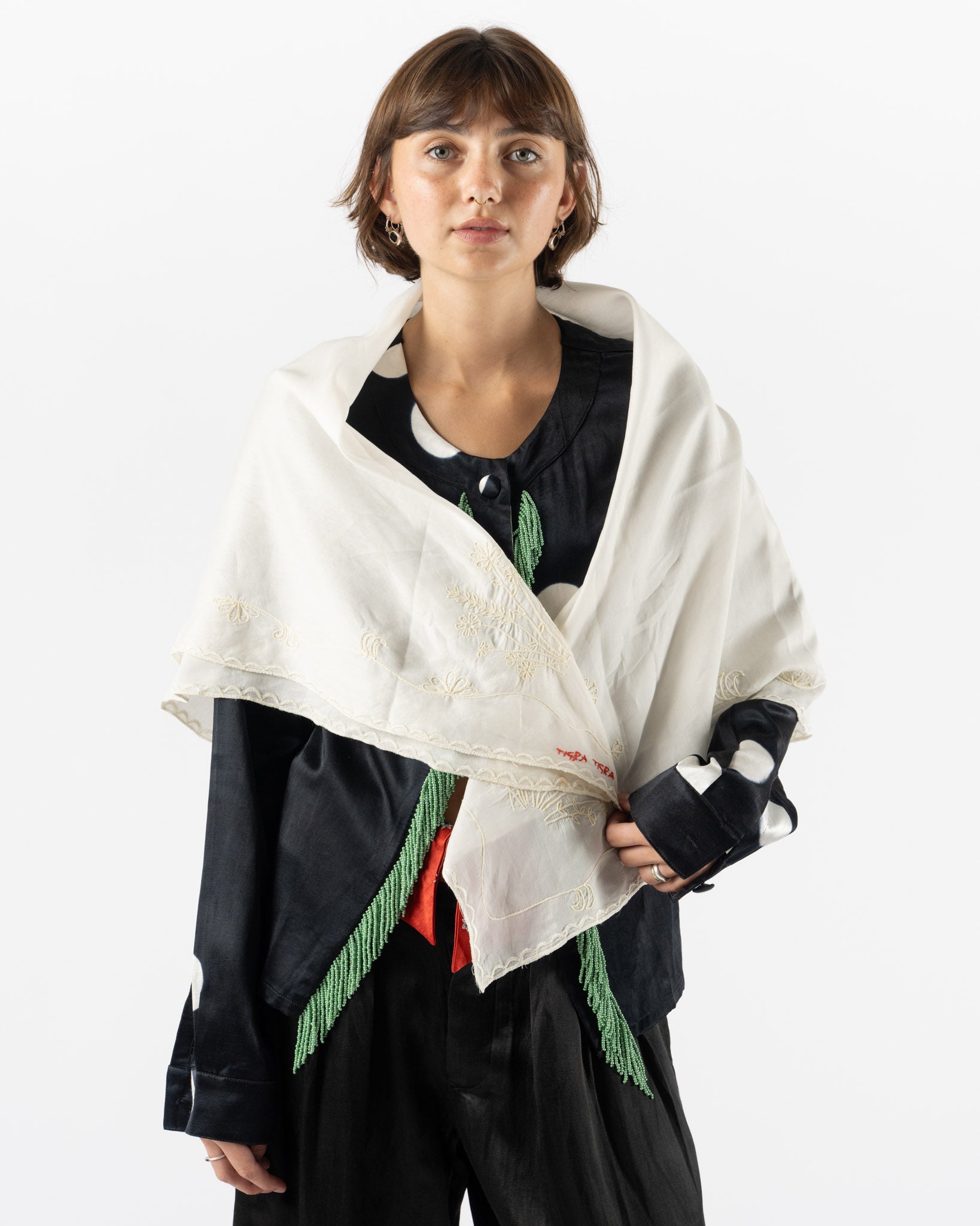 Tigra Tigra Hand-Embroidered Flower Scarf 42"x42" in Cream