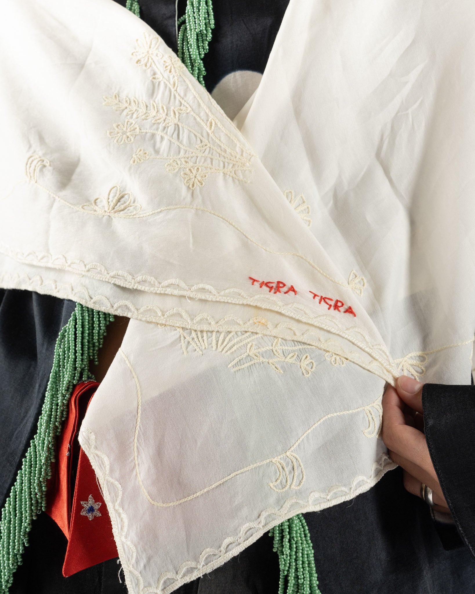 Tigra Tigra Hand-Embroidered Flower Scarf 42"x42" in Cream