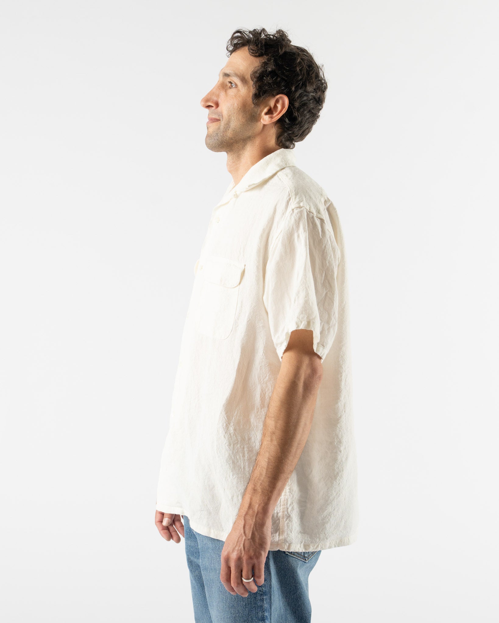 Beams Plus Open Collar 1/40 Linen Shirt in White