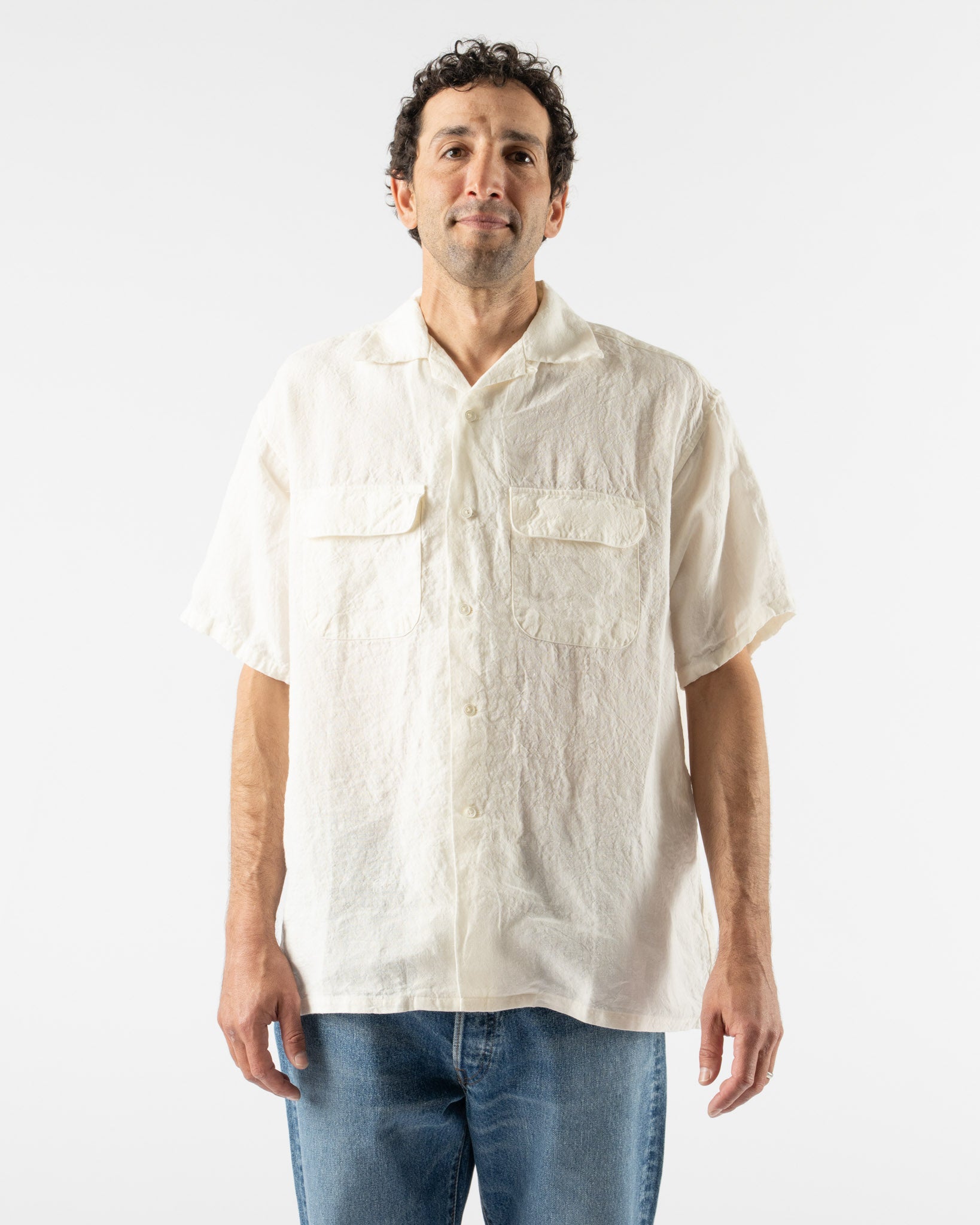 Beams Plus Open Collar 1/40 Linen Shirt in White