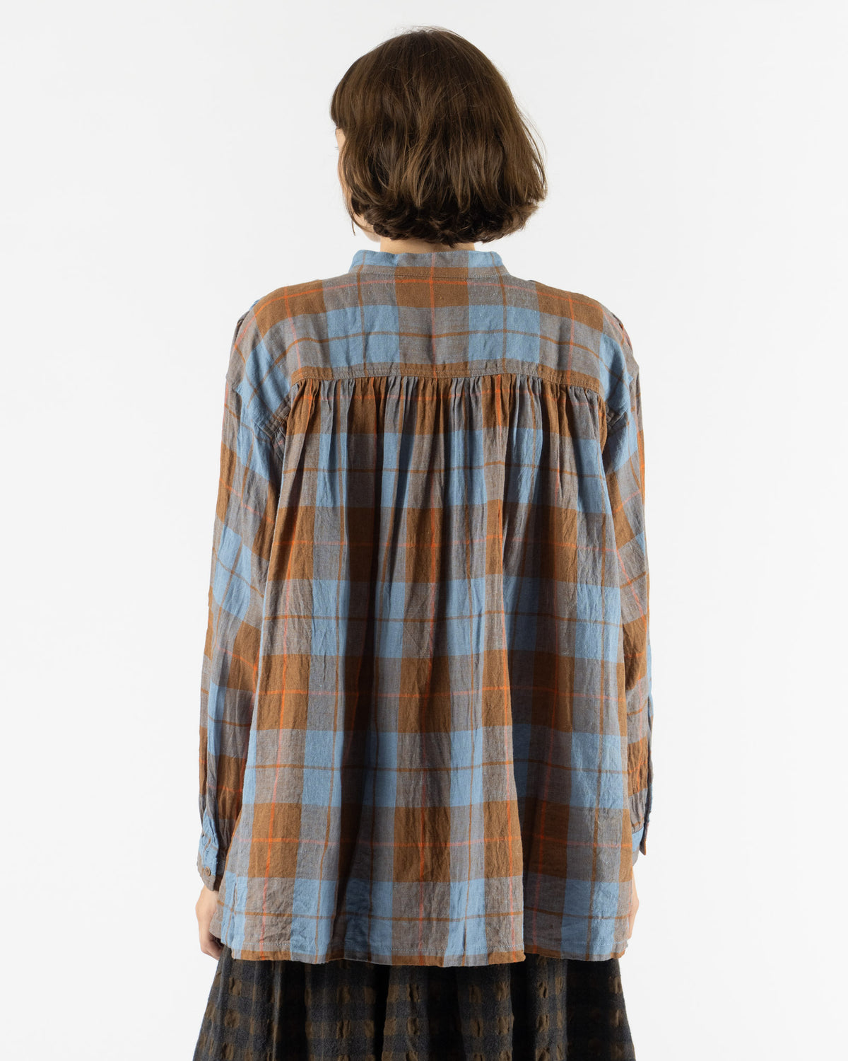 Ichi Antiquités Woven Linen Cotton Check Shirt in B. Blue