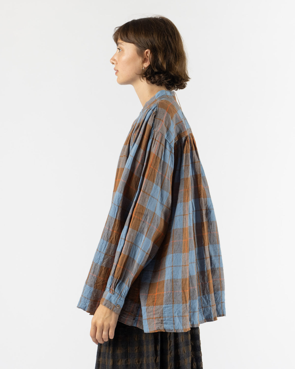 Ichi Antiquités Woven Linen Cotton Check Shirt in B. Blue