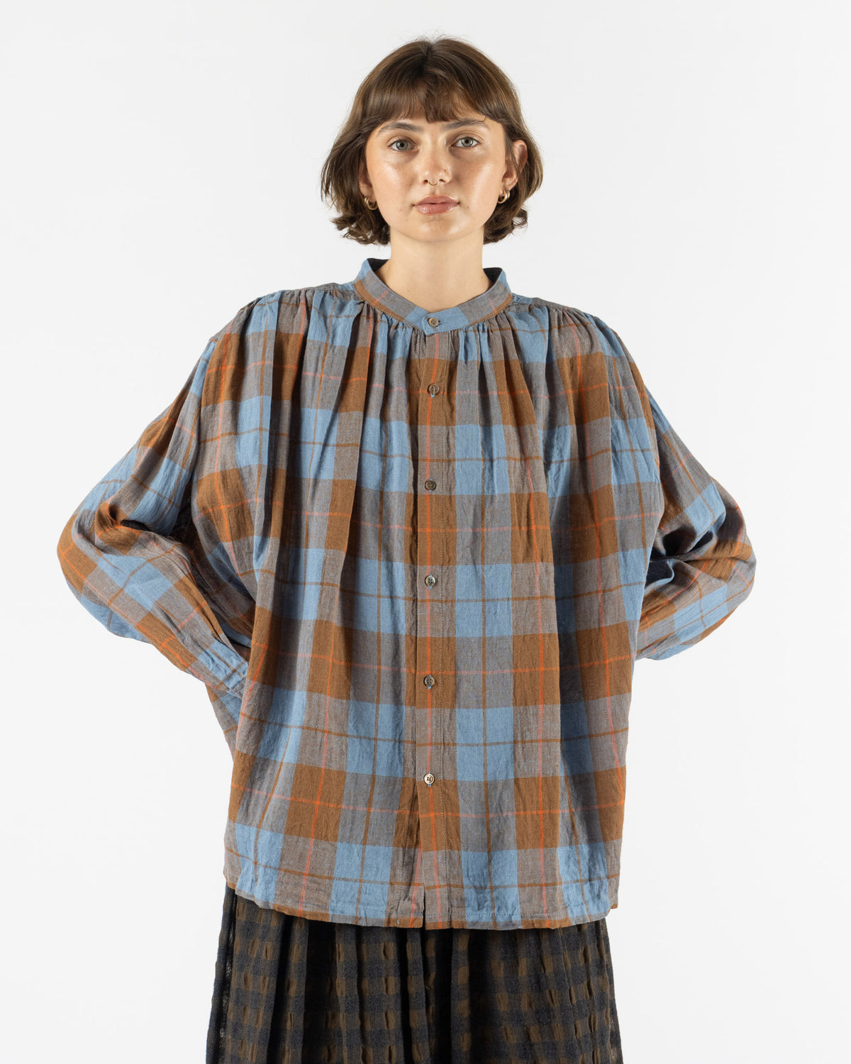Ichi Antiquités Woven Linen Cotton Check Shirt in B. Blue