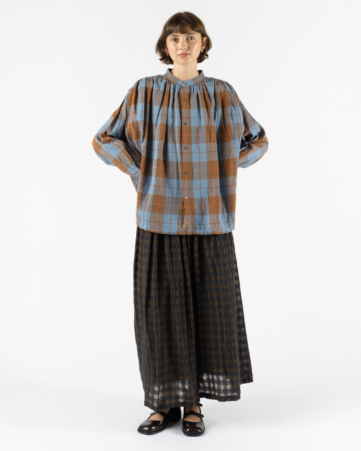 Ichi Antiquités Woven Linen Cotton Check Shirt in B. Blue