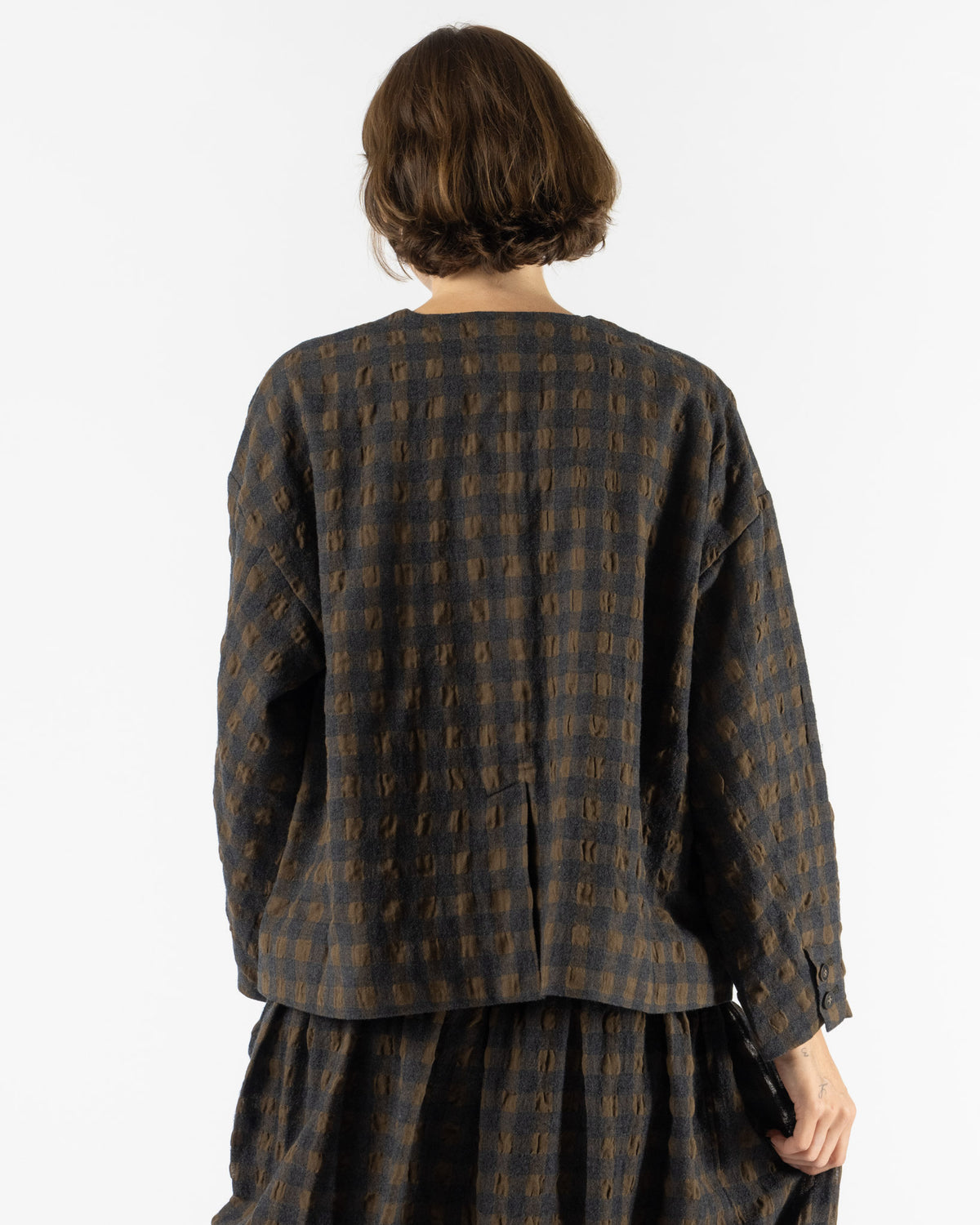 Ichi Antiquités Gingham Check Jacket in Khaki x Charcoal