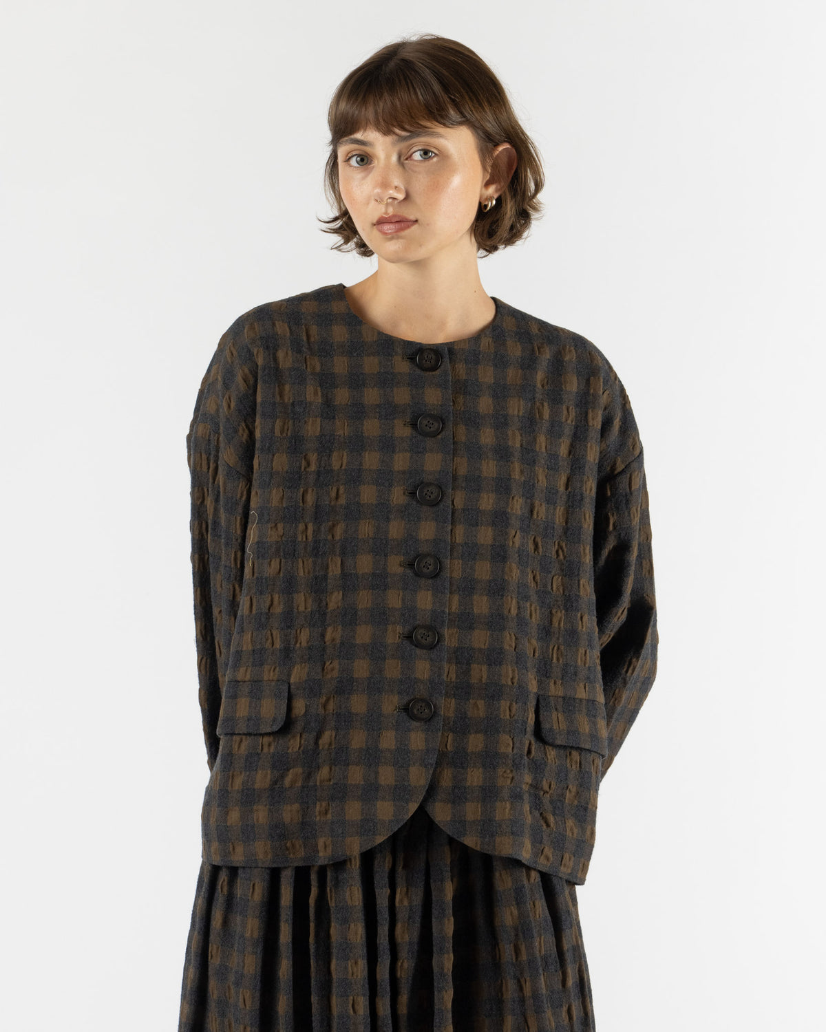 Ichi Antiquités Gingham Check Jacket in Khaki x Charcoal