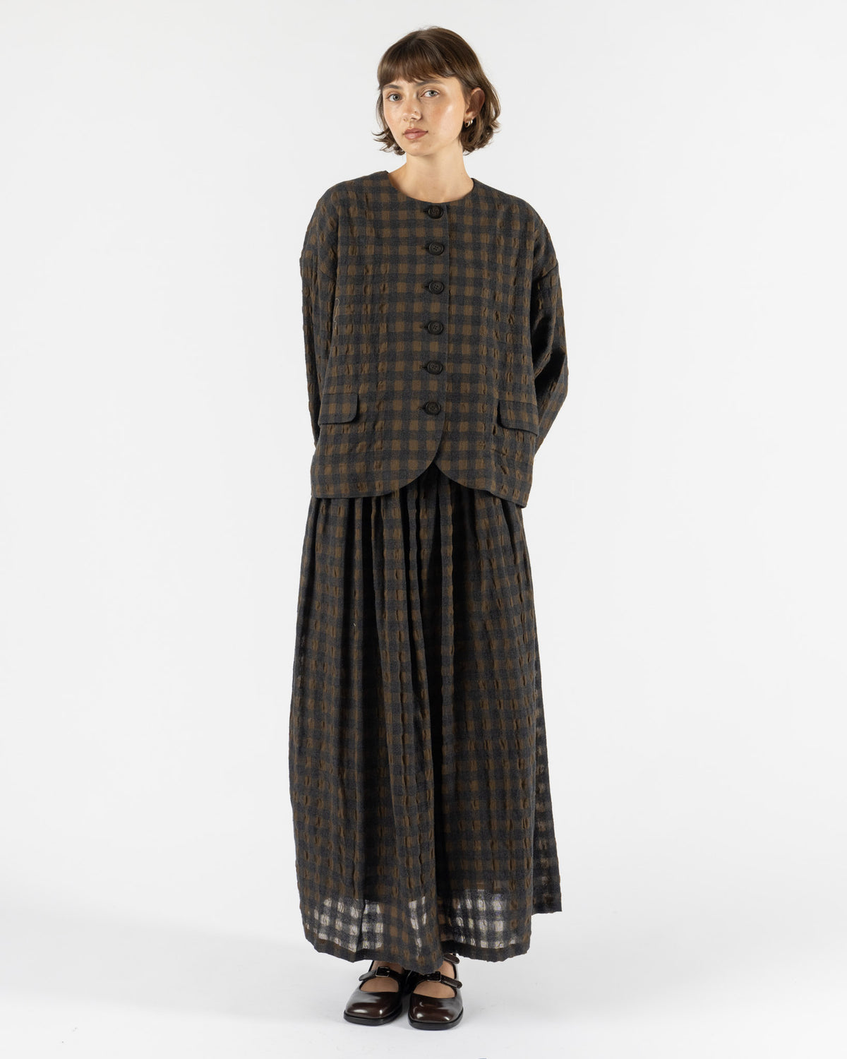 Ichi Antiquités Gingham Check Jacket in Khaki x Charcoal