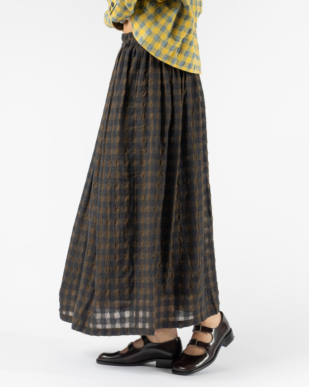 Ichi Antiquités Gingham Check Skirt in Khaki x Charcoal
