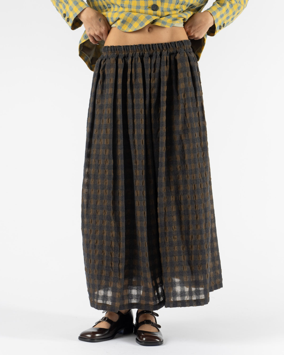 Ichi Antiquités Gingham Check Skirt in Khaki x Charcoal