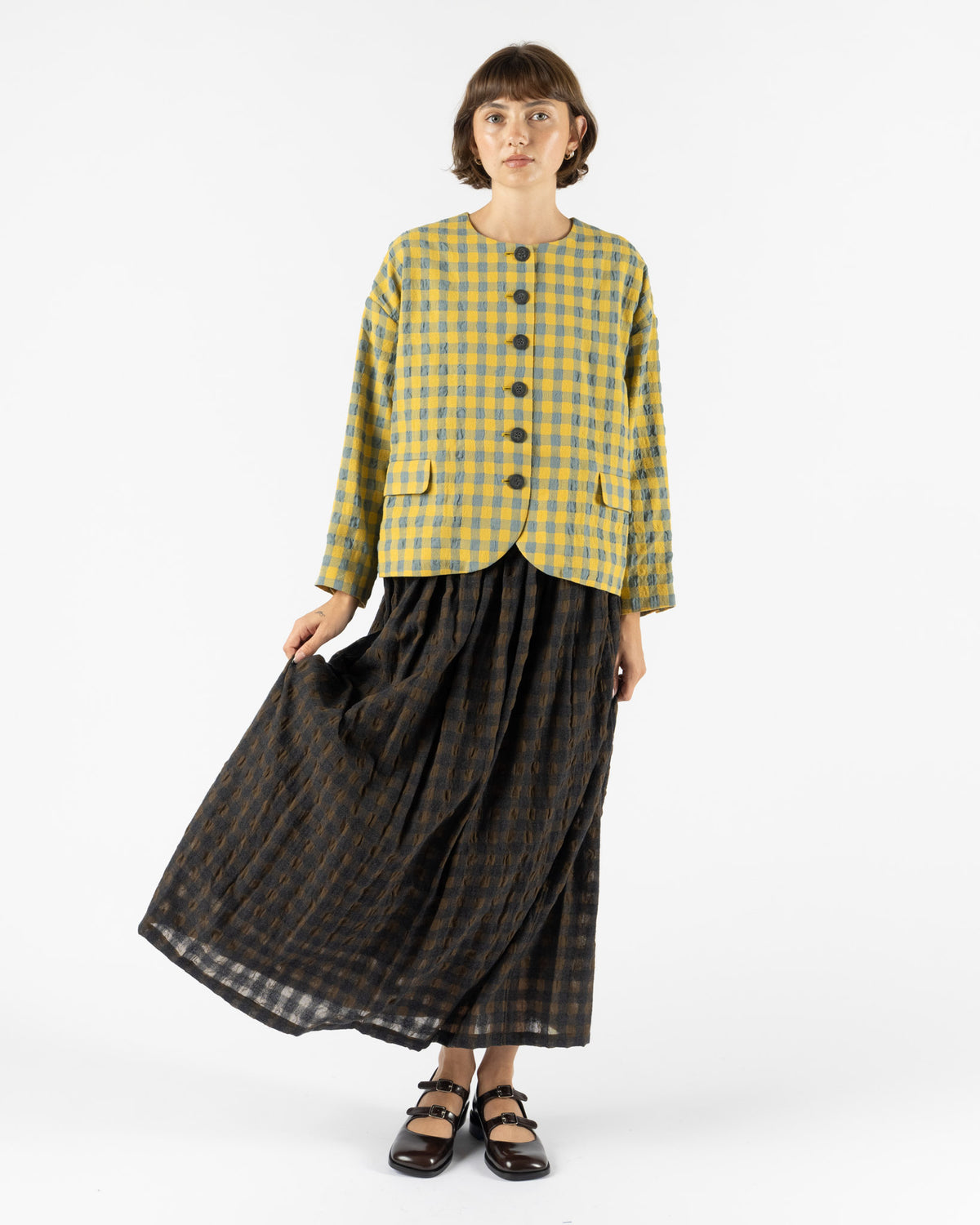Ichi Antiquités Gingham Check Skirt in Khaki x Charcoal