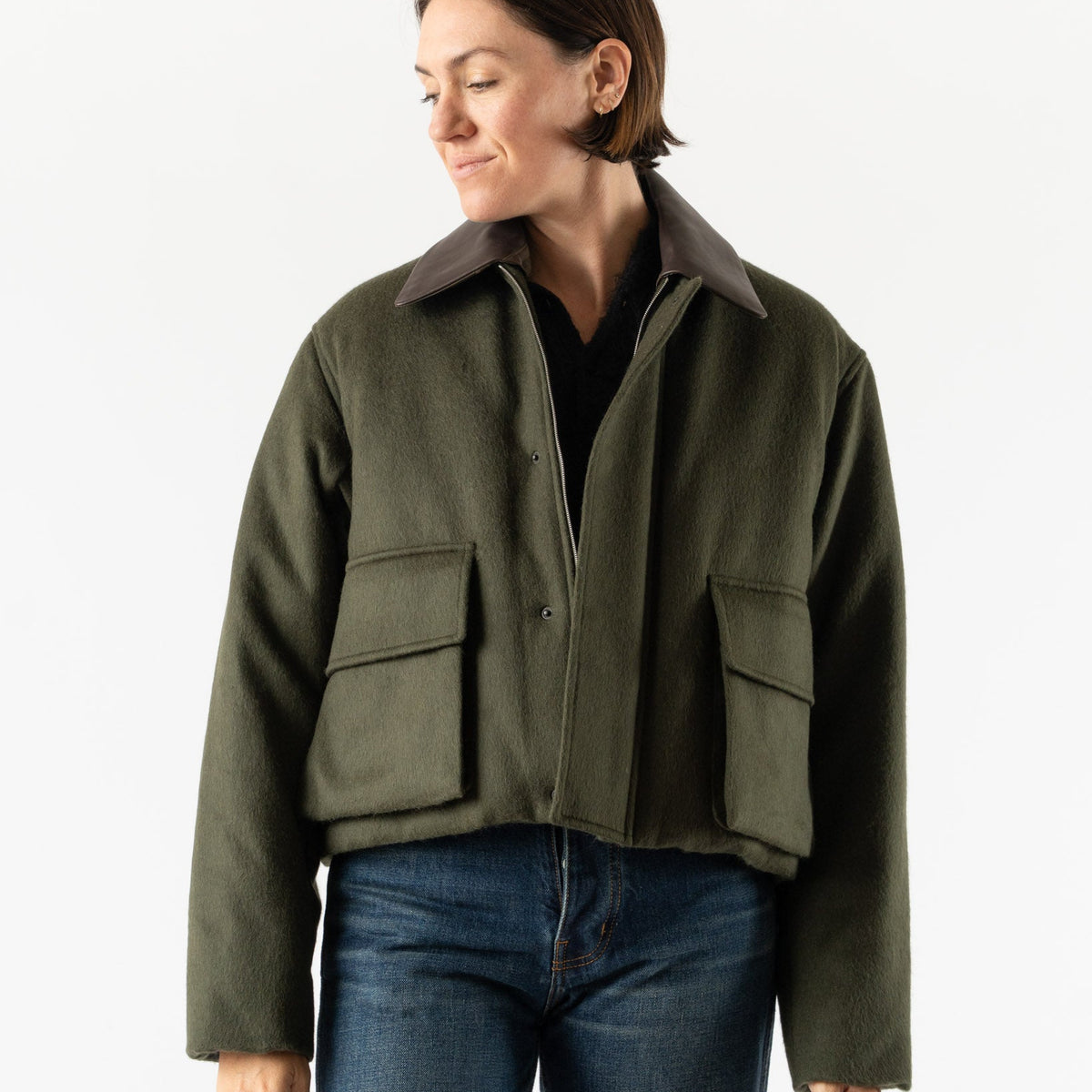 Auralee Baby Camel Flannel Padded Short Blouson in Dark Olive 