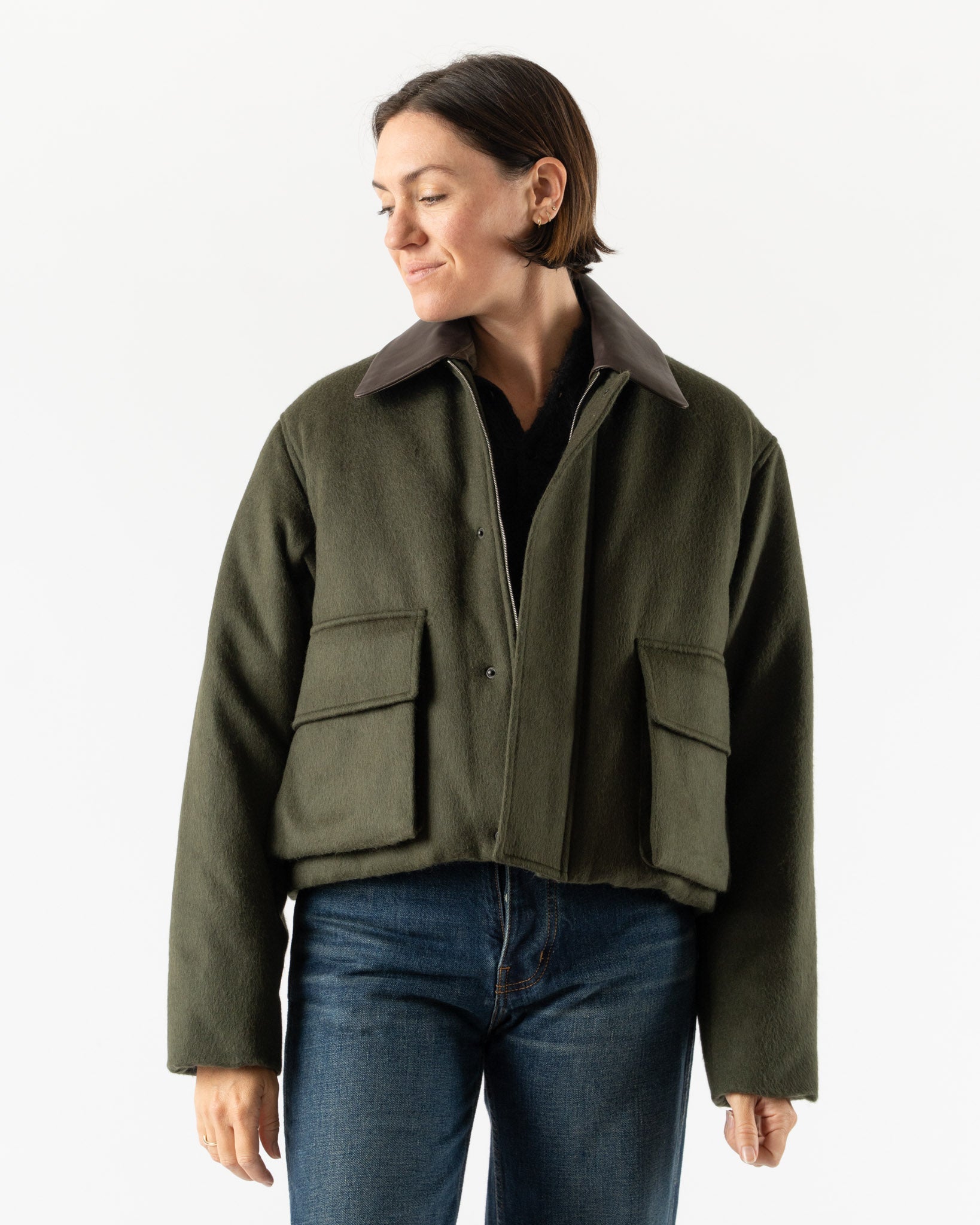 Auralee Baby Camel Flannel Padded Short Blouson in Dark Olive