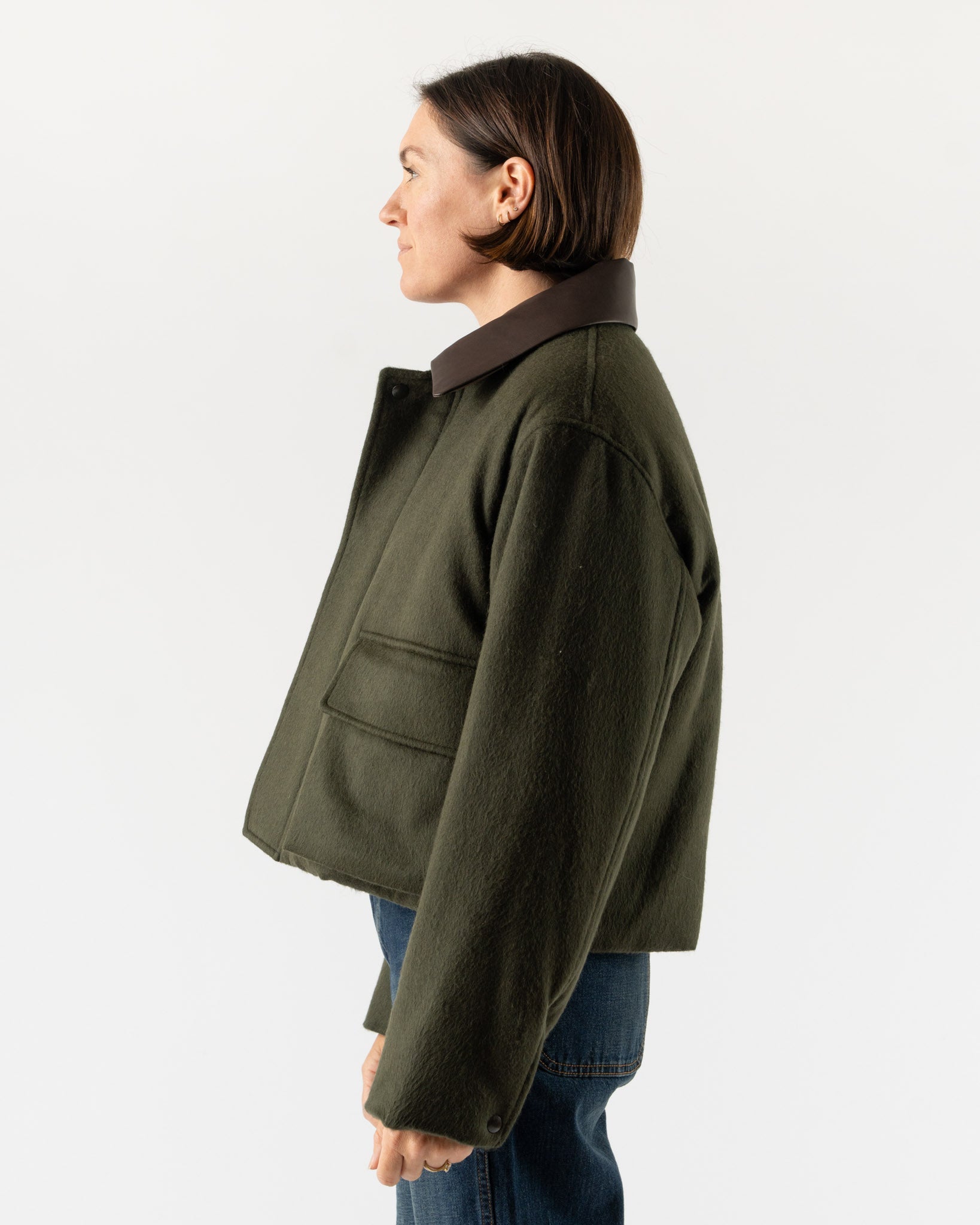 Auralee Baby Camel Flannel Padded Short Blouson in Dark Olive