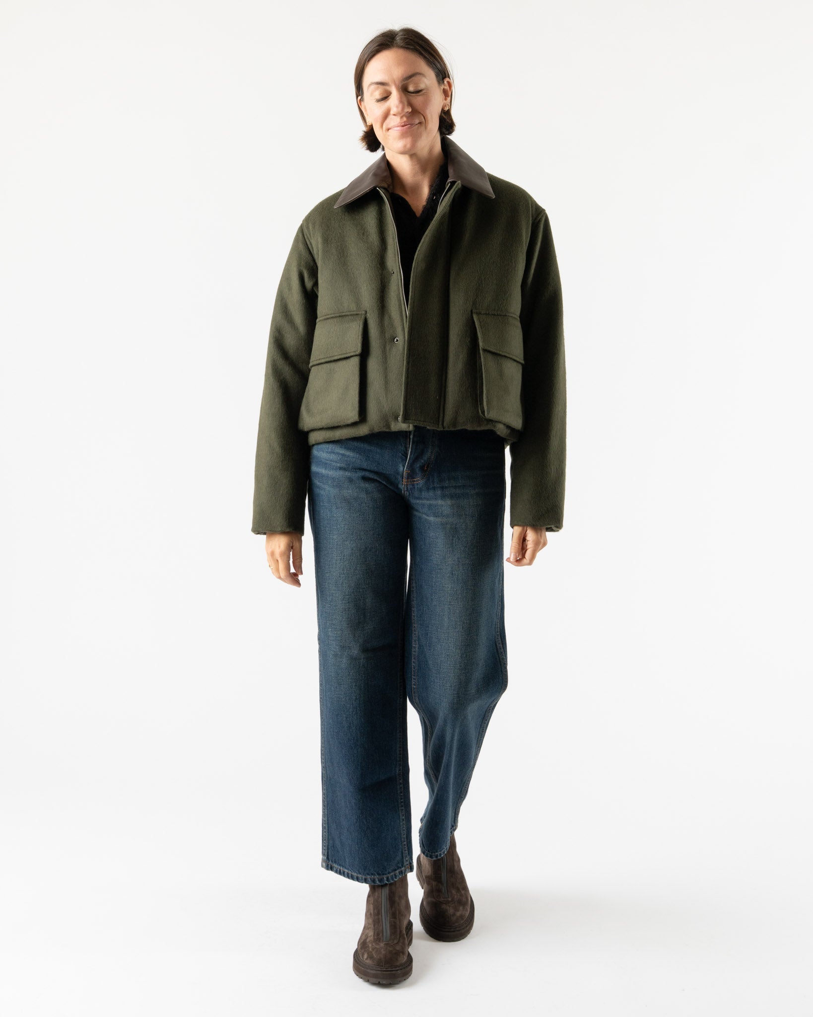 Auralee Baby Camel Flannel Padded Short Blouson in Dark Olive