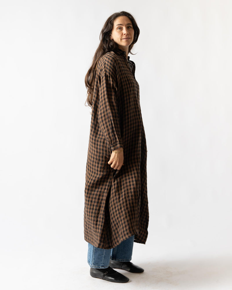 Ichi Antiquités Linen Gingham Check Dress in Brown