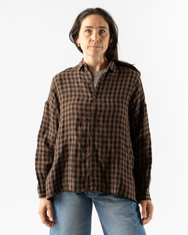 Ichi Antiquités Linen Gingham Check Shirt in Brown