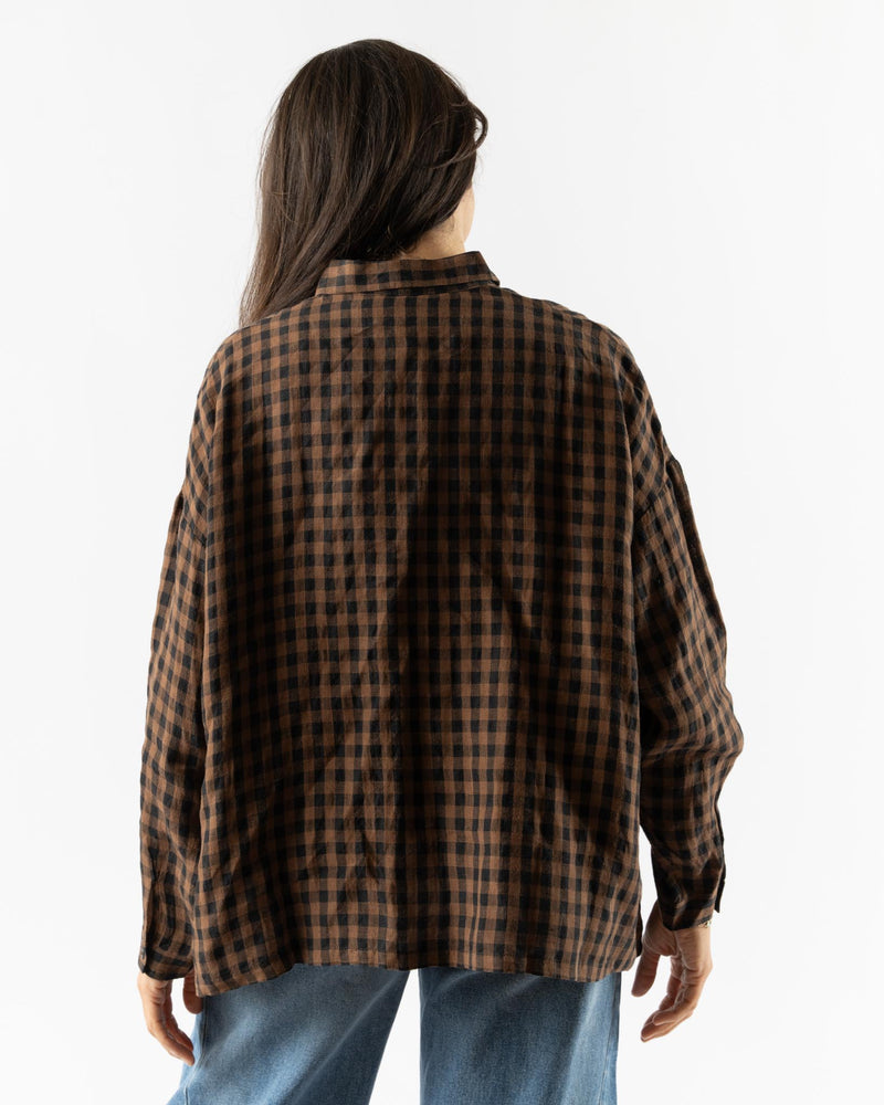 Ichi Antiquités Linen Gingham Check Shirt in Brown