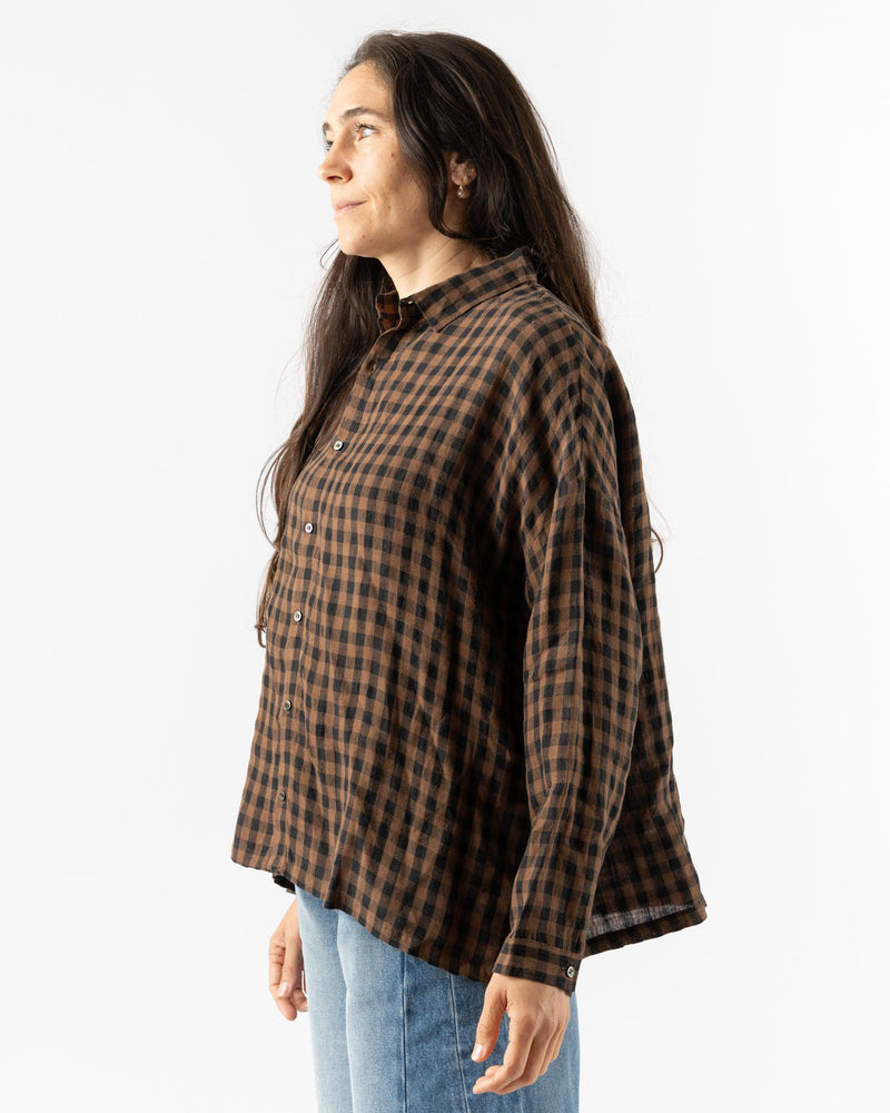 Ichi Antiquités Linen Gingham Check Shirt in Brown