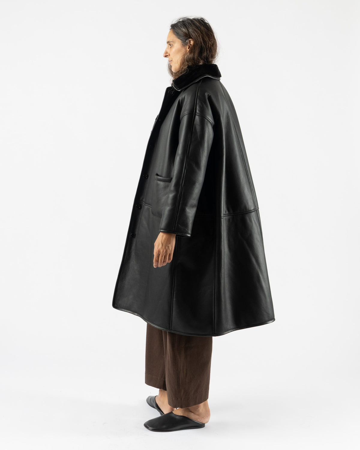 Cawley Leather Back Straight Hair Sheepskin Roo Coat in Black