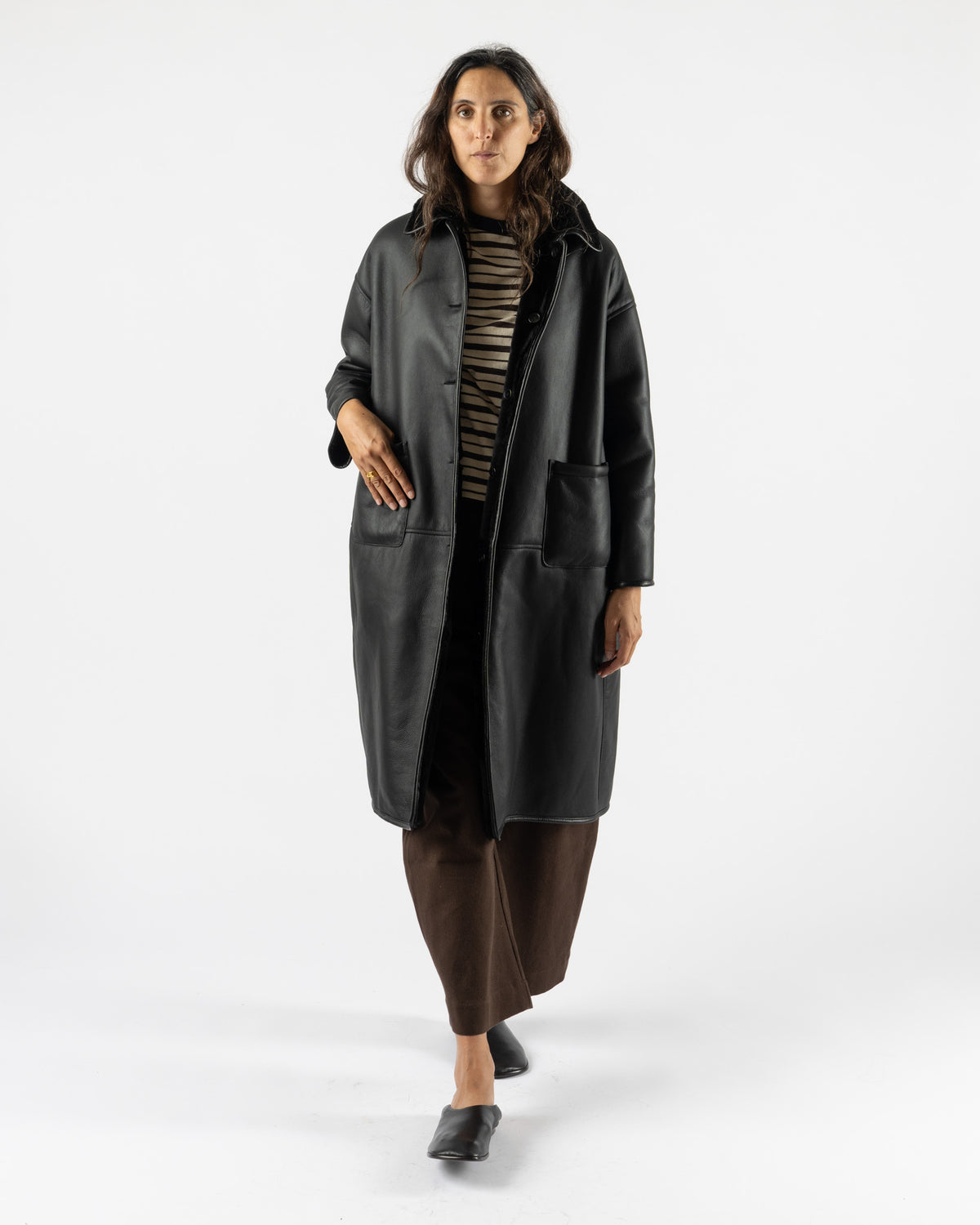 Cawley Leather Back Straight Hair Sheepskin Roo Coat in Black