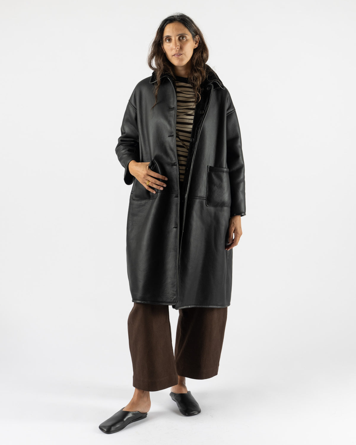 Cawley Leather Back Straight Hair Sheepskin Roo Coat in Black